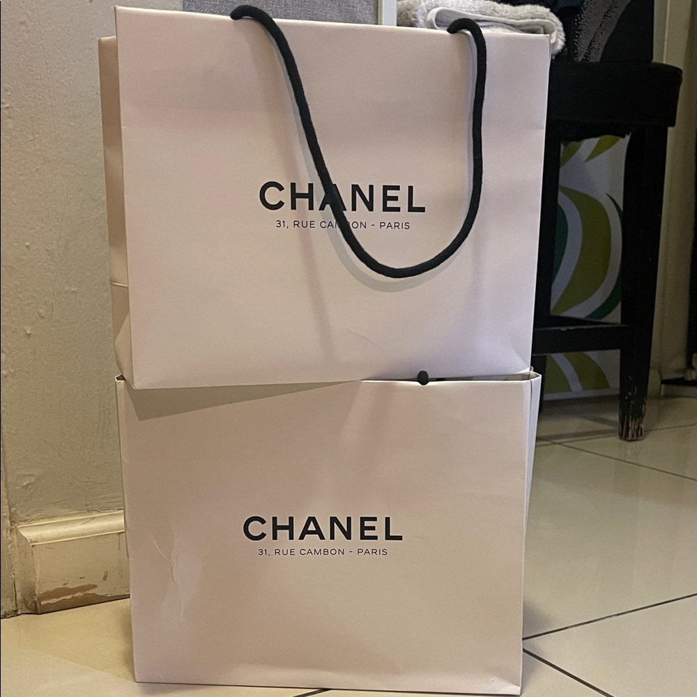 2 bags !CHANEL Cream Shopping Bags with Black Handles